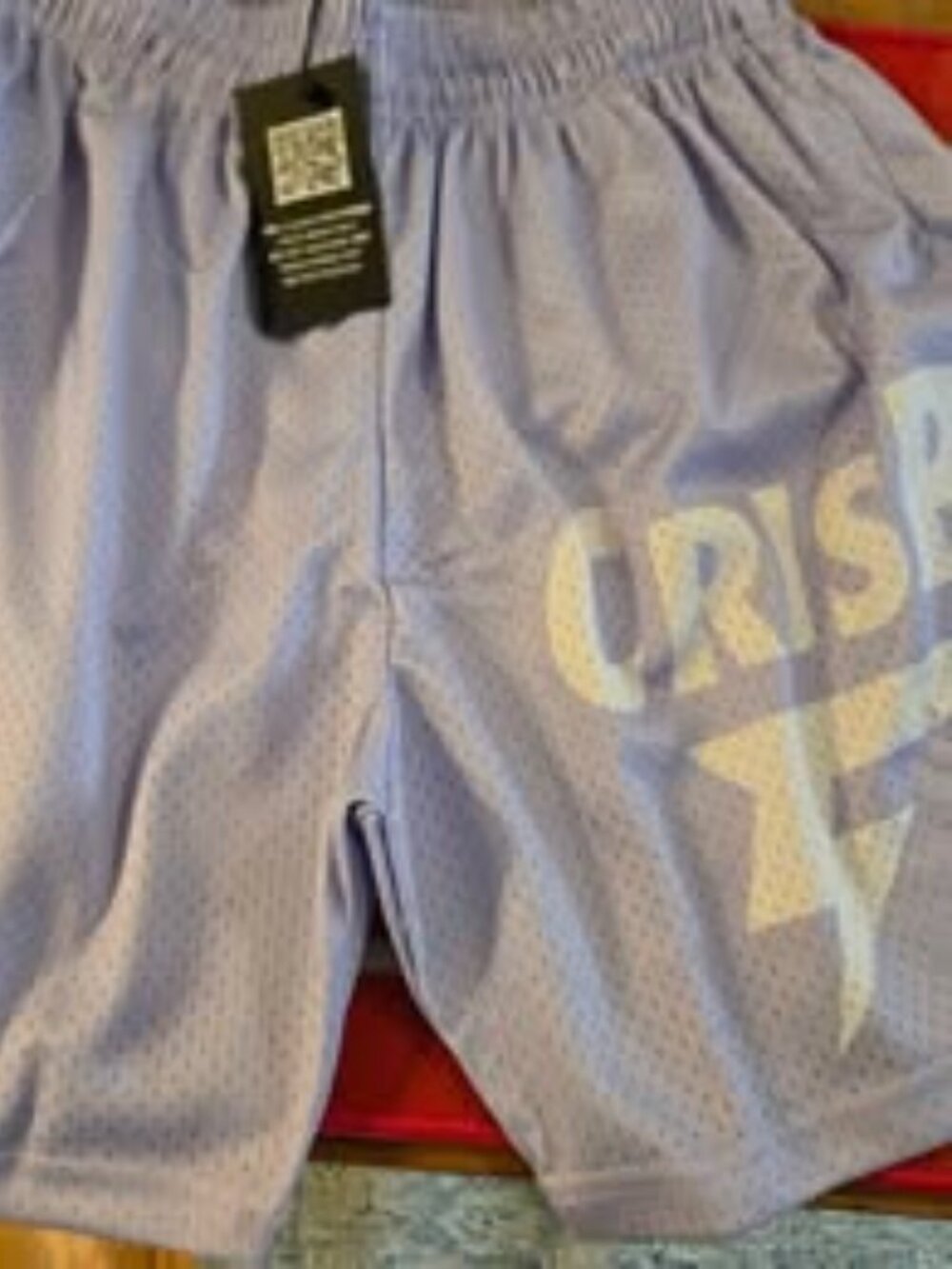 LARGE CRISPY NYC LAVENDER AND WHITE LOGO SHORTS